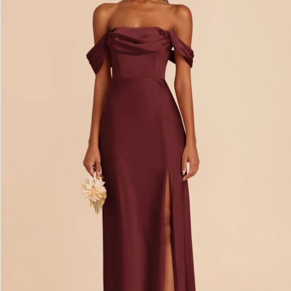 Off-Shoulder Burgundy Evening Dress with Front Slit. Bridesmaid Cabernet